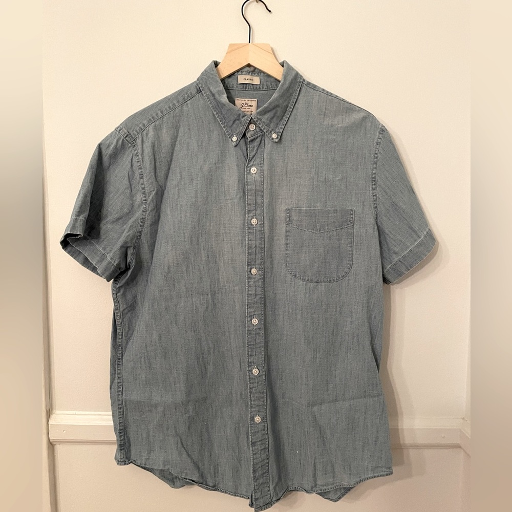 J Crew Chambray Short-Sleeve Shirt - Large